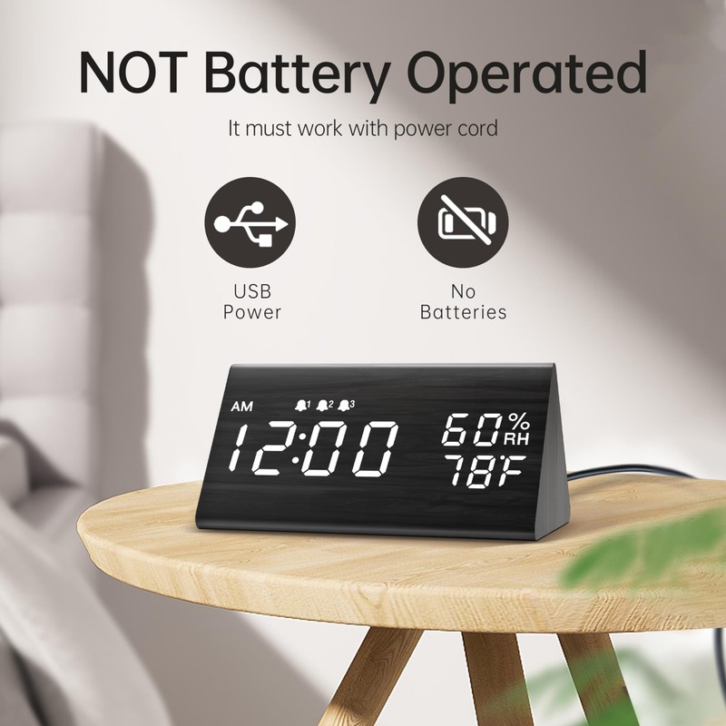 Digital Alarm Clock, with Wooden Electronic LED Time Display, 3