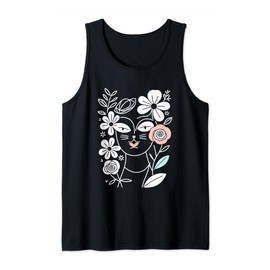 Cat Lover Minimalist Elegant Floral Botanical Line Art Tank Top