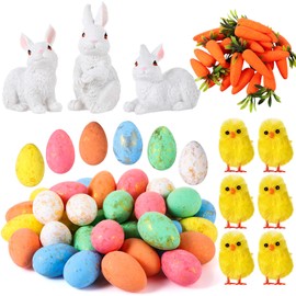 ShinyRelief 69 Pcs Easter Bunny Decor Set includes 3 Easter Resin Bunny Decors 36 Easter Foam Eggs 6 Mini Easter Chicks 24 Mini Foam Carrots for Table Home Decor Easter Party Favors Party Decorations