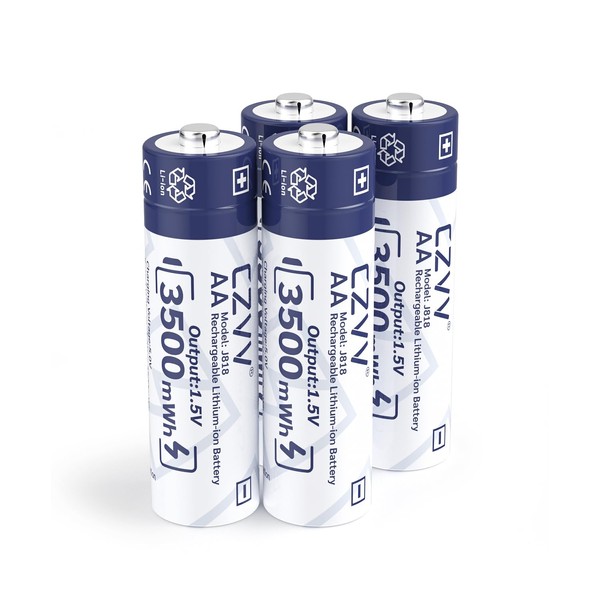 Rechargeable Lithium AA Batteries 4-Pack 1.5V, High Capacity 3500mWh Long-Lasting