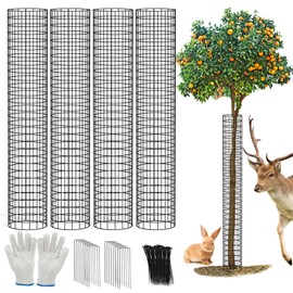 All-Metal Tree Trunk Guard, 4 Pack Mesh Protectors With Zip Ties, Glove & Metal Stakes - Protect Bark & Saplings From Mowers, Deer & Other Animals