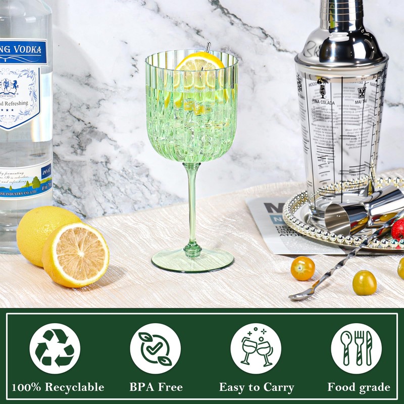 12 PCS Plastic Ribbed Wine Glasses 11oz Green Detachable Wine
