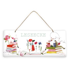 Tin Sign for Hanging "Reading Corner" | Wall Decoration Metal Landscape | Metal Sign with Books and Vintage Illustrations | Beautiful Decoration for a Cosy Reading Corner