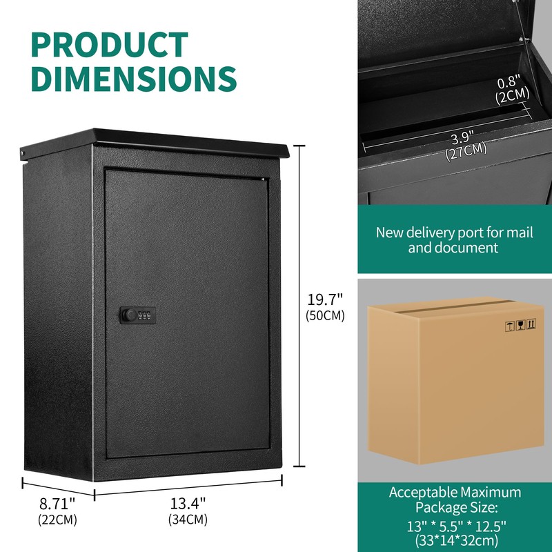 YITAHOME Locking Mailbox, Wall Mount Mailboxes for Outside, 19.7x13.4x8.7 Inch