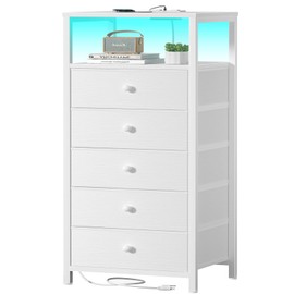 BOLUO White Dresser with 5 Drawers Tall Nightstand with Charging Station and LED Light, Bedside Table Room Storage Drawers Closet