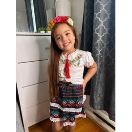 HIHA Size 9 Little Girls Mexican Embroidered Outfit Kids Cinco De Mayo Clothes Floral Twist Front Crop Tops Lace Skirt Set White 9-10 Years