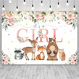 ABLIN 7x5ft Woodland Baby Shower Backdrop for Girls Pink Flowers Photography Background Woodland Animals Baby Shower Decorations for Girl Banner Party Supplies Photo Booth Props