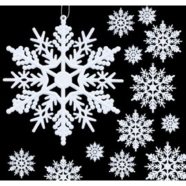 Anstore 56 Pcs Glitter Snowflake Hanging Ornaments White Snowflake Ornaments Plastic Snowflake Xmas Decoration Christmas Tree Pendants Window Door Decoration, Assorted Sizes 2/3/4/5 Inch