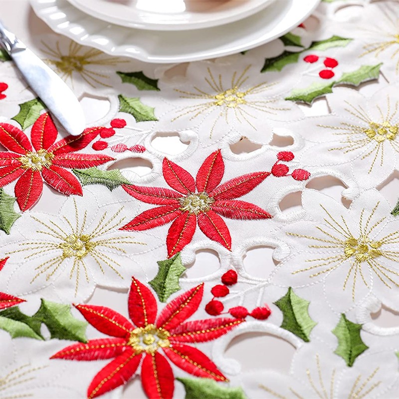 Christmas Table Runner, Embroidered Table Runners Luxury Poinsettia Holly Table