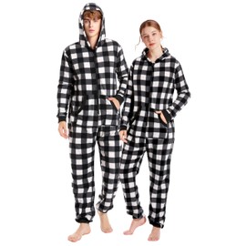 Loiahoer Unisex Adults Buffalo Plaid Onesie Pajamas Hooded Christmas PJS for Family Jumpsuit Thermal with Pockets Zipper,Black+White L