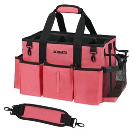 SCAVATA Wearable Cleaning Caddy Bag, Cleaning Caddy Supplies Organizer with Handle & Shoulder Straps for Housekeepers, Under Sink & Car Cleaning Tool Organizers with 4 Foldable Divider (RoseRed)