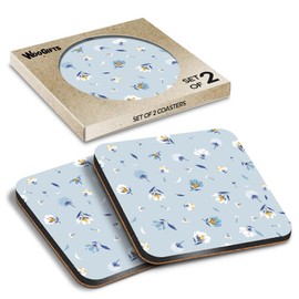2 x Square Coasters - Small Blue Flowers Floral Pattern Cork Backed MDF Glossy Tea Coffee Accessory #52057