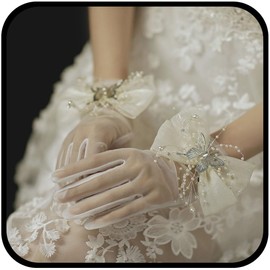 Urieo Butterfly Mesh Gloves Bow White Sheer Glove Weding Opera Tulle Gloves for Women