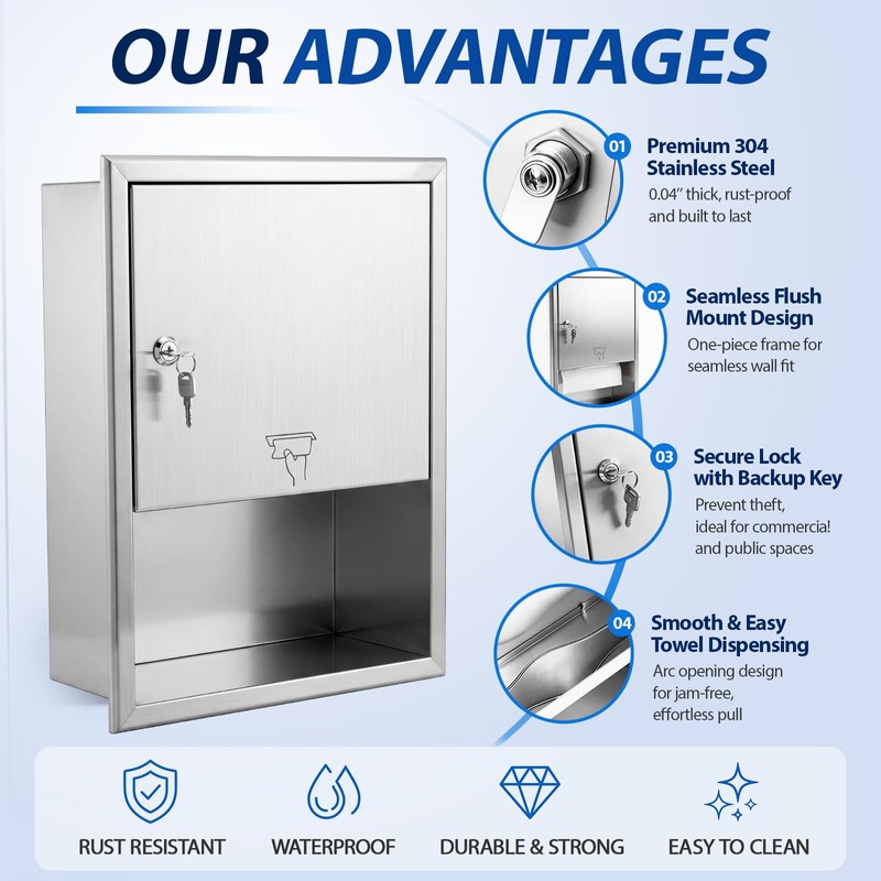 304 Stainless Steel Recessed Paper Towel Dispenser with Lock Commercial