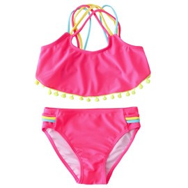 M2C Girls Pompom Tassel Two Piece Bikini Set Triple Cross Strap Crop Swimsuits Rose 9-10
