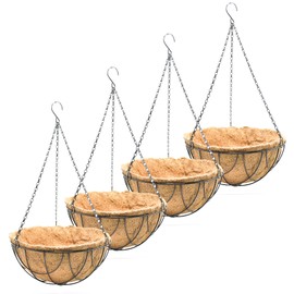 14 inch Metal Hanging Baskets For Plants Outdoor 4 Pack Round Metal Wire Hanging Basket Planter with Coco Fiber Liners Plant Holder for Garden, Patio, Deck, Porch Plants Flower Potss Outdoor(Grid)