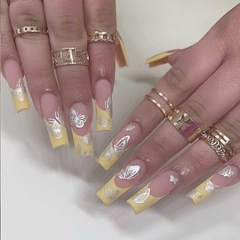 Yellow Ballerina Nails 24Pcs Matte False Nails Extra Long Press for French with Exquisite Butterfly Design Full Cover Fake Nails for Women and Girls