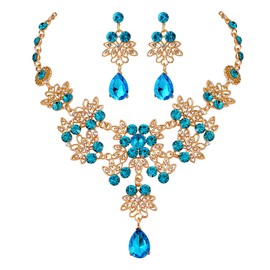 Crystal Wedding Necklace Earrings Sets Bridal Rhinestone Flower Pendant Necklace Chain Vintage Floral Necklace Ball Dangle Jewelry for Women Bride Bridesmaid (Blue)