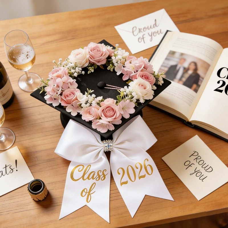 2 Pcs White Graduation Bow Class of 2026 Graduation Cap