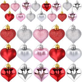 JULMELON 36Pcs Valentine's Day Heart Shaped Ornaments Romantic Valentines Heart Hanging Ornaments Decorations for Home Party Wedding Decor (Pink, Red and Silver)