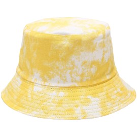 Unisex Zebra Cow Print Reversible Double-Side-Wear Hat Summer Travel Bucket Beach Sun Hat (Tie Dye Yellow/Black)