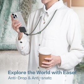 EKAX 6mm Phone Lanyard Crossbody, includes 2 Phone Tether Tabs, Adjustable Lanyard Neck Strap with Leather Buckle for All Smartphones, Travel Essentials, 70.28 inch (Black, Orange)