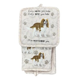 King Charles Cavalier 3-Piece Kitchen Set - Oven Mitt, Pot Holder & Kitchen Towel Set, Heat Resistant up to 420 F, Soft Quilted Cotton for Cooking, Baking, BBQ, Pet Lover Gifts (King Charles Cavalier)