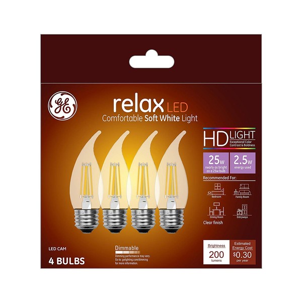 GE Lighting 45576 Relax HD LED (25-Watt Replacement) 200-Lumen Candle Bulb with Medium Base, Soft White Clear, 4-Pack, 4 Piece
