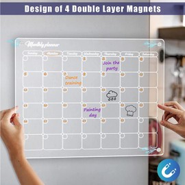 Magnetic Acrylic Calendar for Fridge, 2Pcs 16"x12" Clear Acrylic Calendar, Dry Erase Fridge Calendar Refrigerator Monthly, Includes 4 Colors Markers and Reusable Planner Eraser