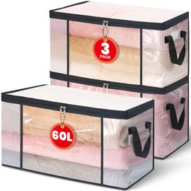 NEWSONA Pack of 3 Transparent Storage Bags, 60 L, Foldable Clothes Boxes for Closet or Under the Bed, Organiser for Clothes, Blankets and Household