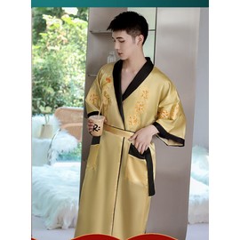 EXPOING Robe for Men Dragon Embroidered Silk Satin Yukata Pajamas Kimono Bathrobe Sleepwear Night Gown Two-sided Reversible Wear (Gold, One Size)