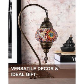 Kafthan Turkish Moroccan Mosaic Lamp – Handmade Glass Swan Neck Bedside Lamp with Antique Brass Base, Ideal Decor for Bedroom, Office, Living Room – Bulb Included (Multicolor Center Star)