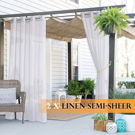RYB HOME 2 Panels Pergola Curtains Outdoor - Linen Look Waterproof White Sheer Curtains Half Privacy Outdoor Curtains for Patio Porch Pool Hut Spa, 54 inches Wide x 96 inches Long