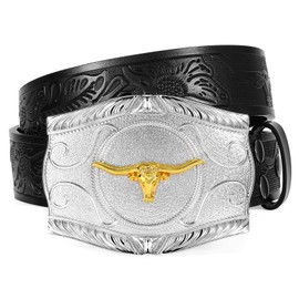 UpFind Kids Western Leather Belt for Boys Girls Youth Embossed Cowboy Belt with Silver Longhorn Buckle for Jeans 1.5" Wide, Black