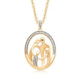 Jewelili Parent and Two Children Family Necklace Pendant with Natural White Round Diamonds 1/10 Cttw in 18K Yellow Gold Over Sterling Silver 18" Cable Chain