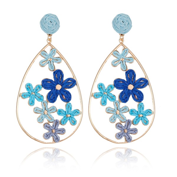 RUOFFETA Hollow Raffia Flower Earrings, Handmade Large Teardrop Statement Drop