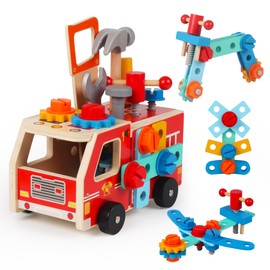 Toddler Tool Kit - 33 PCS Montessori Toddlers Tool Box, Kids Pretend Play Tools Set Age 2-4, STEM Educational Toys for Age 3, Wooden Construction Toy, Boys Birthday Gift 2,3,4,5 Year Old (Fire Engine)