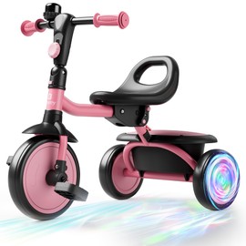 besrey Colorful Lighting Toddler Tricycle for Ages 18 Months to 5 Years, Toddler Bike with Bell, Kids Tricycle, Gift for 2-5 Year Olds, Toy for Boys and Girls, Tricycle for Toddlers, Pink