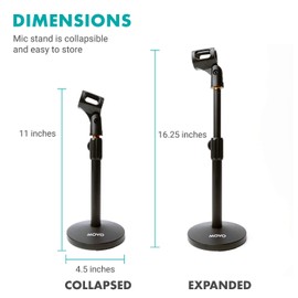 Movo TMC-3 Small Adjustable Table Mic Stand with Round Base and Universal Mic Clip. Table Top Mic Stand Height is Adjustable with Weighted Base Sits on Desk Ideal for Podcast, Livestream, & Interviews