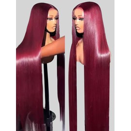99j Burgundy 5x5 Lace Closure Wigs Human Hair 180% Density Straight Glueless HD Transparent Lace Front Wigs Human Hair Pre Plucked With Baby Hair Burgundy Wine Red Human Hair Wigs For Women 26 Inch