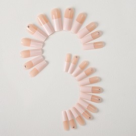 Long Square Shaped Press on Nails Full Cover Stick on Nails White French Tip Fake Nails with Rhinestone Designs Glossy Pink Acrylic False Nails for Women Girls DIY Manicuare 24 Pcs