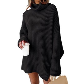 JFAN Women's Winter Dress, Long Knitted Dress, Batwing Sleeves, Knitted Dresses, Oversized Turtleneck Pullover, black
