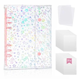 zenoco Sealing Book, Transparent Binder, For Girls, A5, 6 Holes, Removable, Seal Storage, Thick, With Mat (20 Refills, Double Lock, Hologram Star, Pink)