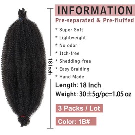 18 Inch Springy Afro Twist Hair 3 Packs Pre Fluffed Spring Twist Hair Pre Stretched Wrapping Hair Marley Twist Braiding Hair Cuban Twist Crochet Braiding for Soft Locs Hair Extensions For Black Women