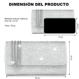 REKOBON - Bolso de Mano para Mujer, Bolso de Noche para Mujer, con Purpurina, para Boda, Novia, Hombro Brillante, para Fiesta, Bandolera, Color Plateado