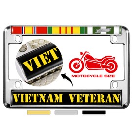 Motorcycle Metal License Plate Frame with Vietnam Veteran 3 Service Ribbons - National Defense Ribbon, Vietnam War Service Ribbon, Republic of Vietnam Service Ribbon Design - Chrome