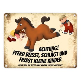 Metal Sign with Horse Motif and Saying "Achtung! Pferd beisst schlägt und frisst kleine Kinder [German Language]