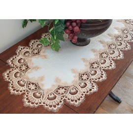 Gold European Lace and Antique Jacquard Fabric Table Runner, Dresser Scarf (16Wx54L)