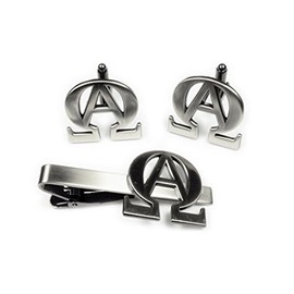 Alpha Omega Christian Biker Motorcycle TIE BAR Clip Cufflinks Set