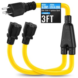 NEMA 6-20 Y Splitter Extension Cord, 6-20P Male to 2X 6-20R/6-15R, 3FT